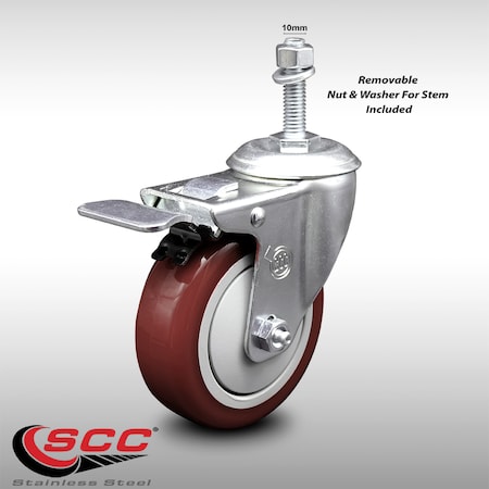 Service Caster 4 Inch SS Maroon Polyurethane 10mm Threaded Stem Caster Total Lock Brake SCC SCC-SSTSTTL20S414-PPUB-MRN-M1015